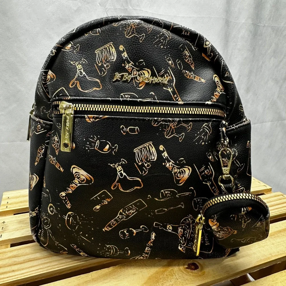 Betsey Johnson Black Gold Cocktail Print Mini Backpack Purse with Coin‎ Pouch